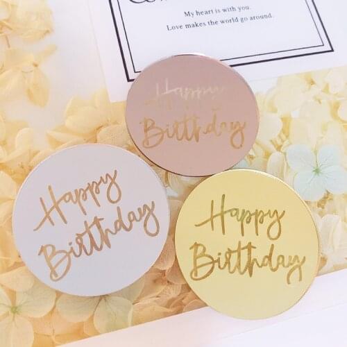 New Gold Happy Birthday Cupcake Topper Rose Gold Silver Acrylic 3D Circle Cake Topper for Birthday Party Cake Decorations 5cm