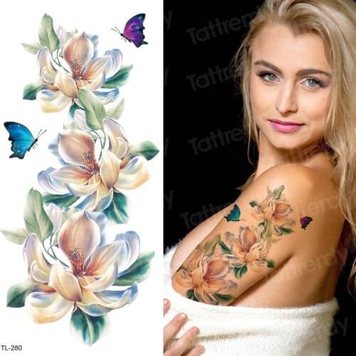 Temporary tattoo sticker flower girls body sticker unique lotus flower tattoo butterfly watercolor waterproof temporary tattoos