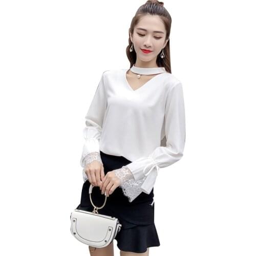 2020 New Fashion Spring Summer Chiffon Shirts Trumpet Sleeves Lace Stitching Foreign women Shirt Bottom Tops Black White A122