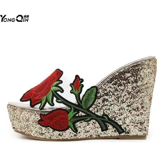 New Rose Women Sandals 2017 Fashion Transparent Sandals High Heels Pumps Shoes Wedges Thick Crust Muffin Slippers Shoes