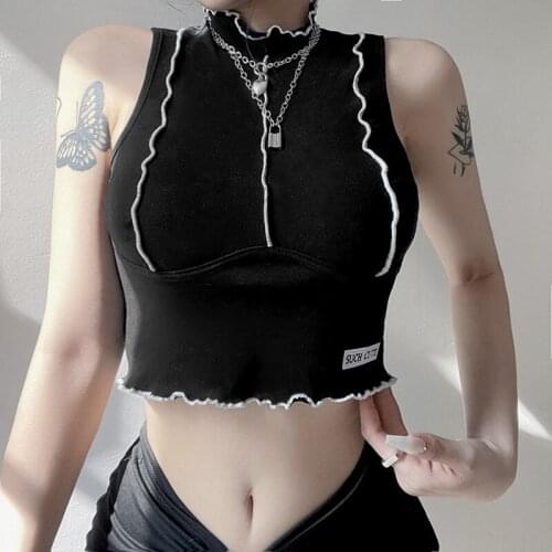Women Sexy Slim Cropped Vest Fashion Wild Letter Label Half High Neck Sleeveless Lines Contrast Stitching Ruffle Tank Tops