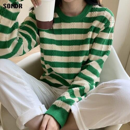 2020 Autumn Winter Round Neck Loose Long Sleeve Black White Striped Knitted Sweater Women + A-Line Elastic Waist Skirt Two-Piece