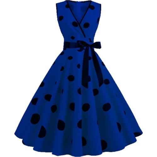 Womens Summer Retro Dresses Fashion V Neck Print Polka Dot Black Lace Up Big Sleeveless Dress 2021 Ladies Party Mystery Dress