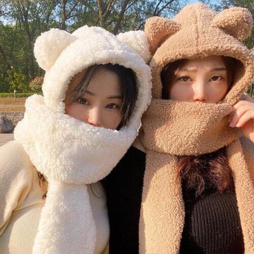 2020 Winter Women Novelty Caps Warm Cute Bear Ear Hat Casual Plush Hat Scarf Gloves Set Casual Solid Fleece Women Caps