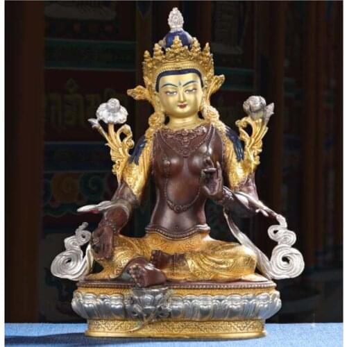 21cm large HOME Temple Family efficacious Protection Tibetan Buddhism gilding Green Tara Guanyin Avalokiteshvara buddha statue
