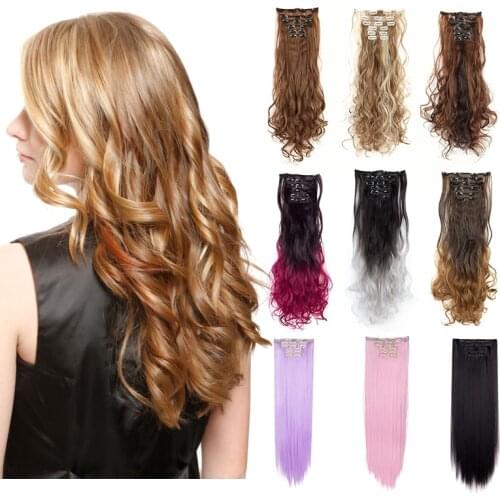 26'' 24'' 6PCS Clips In Hair Extensions Straight/Wavy Curly Synthetic Hair Extensions Clips In High Temperature Fiber Hairpiece