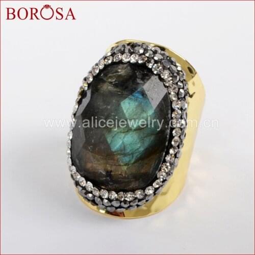 BOROSA 5PCS Natural Labradorite Stone Gold Band Rings,Sparkling Freeform Gems Stone pave cz Adjustable Rings For Women JAB899