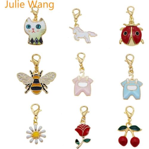 Julie Wang 4PCS 20 Styles Enamel Cat Bee Unicorn Dog Flower Colorful Keychain Alloy Charms Lobster Clasp Jewelry Making Decor