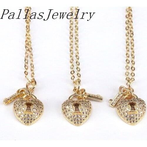 8Pcs Padlock Heart Shaped Fashion Jewelry Micro Pave CZ Womens Lock Pendant Necklace Gold Color Crystal Zirconia Jewelry