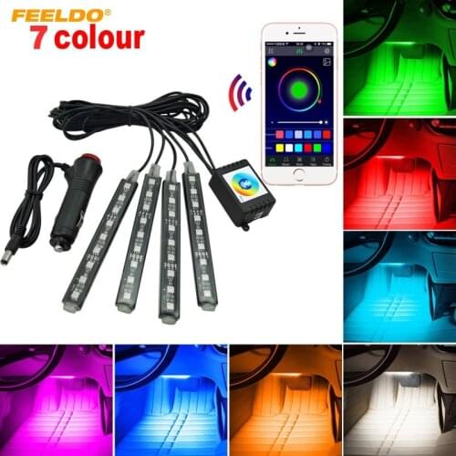 FEELDO 1Set Car Blutooth APP Intelligent Control Decorative LED Atmosphere Neon Light RGB Car Interior Footwell Light #AM4561