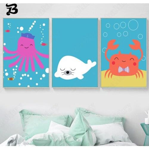 Canvas Painting for Living Room Cartoon Marine Life Crab Octopus and Whale Posters Prints Wall Art Pictures for Baby Room Decor