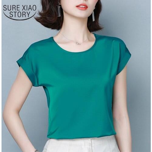 Summer New Silk Simple Solid Color Blouse Woman Loose Short-Sleeved O-neck Womans Shirt Imitation Silk shirt Feminine 9227 50