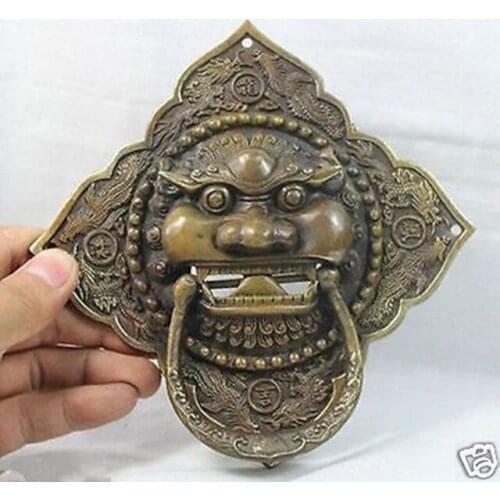 Chinese Old 6" China Chinese Folk Home Copper Fu Foo Dog Lion Head Door knocker Statue decoration brass factory outlets