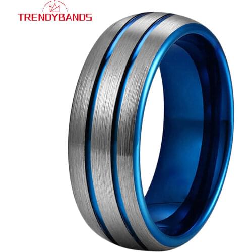 Men 8mm Tungsten Carbide Wedding Band Rings Blue Fashion Ring Dome Edges Top Brushed Finish Comfort Fit Personal Customize