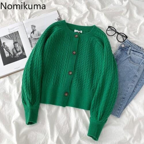 Nomikuma Loose Twist Sweater Women 2021 New Korean Style Fashion Long Sleeve Single Breasted O Neck Knitted Tops Solid Color
