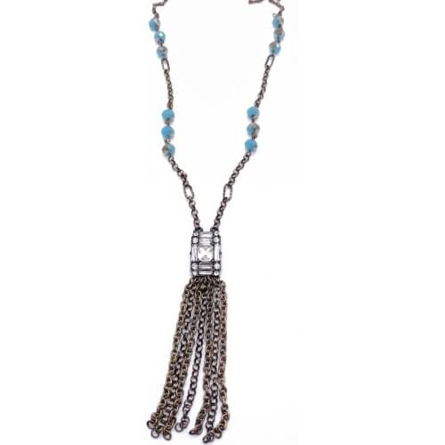 Rectangle Crystal Necklace Vintage Chains Long Tassel Pendant Beads Jewelry Gift For Women