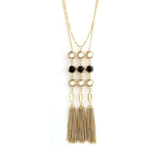 MELIHE Female Boho Gold Chain Tassel Pendant Necklace 2016 Black Bead Multilayer Necklaces Pendants Jewelry Sne160059