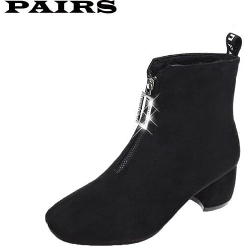 Women Ankle Boots Flock Zipper Solid Short Boots Low Square Heel Single Shoes Keep Warm Winter Booties Botas Mujer Invierno 2019