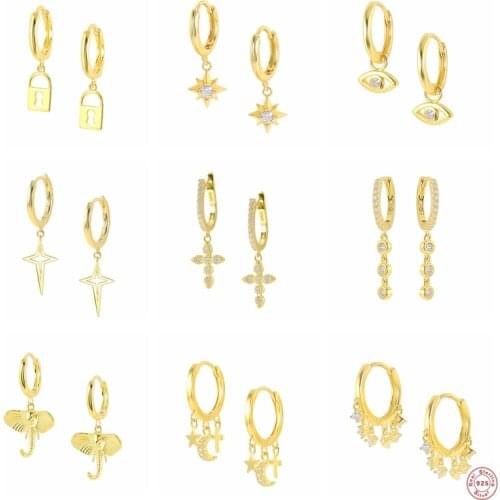 Pendientes plata 925 Luxury Star Moon Eye Cross Dangle Earrings For Women Bling Crystal Drop Earring Aretes Fine Jewerly Gifts