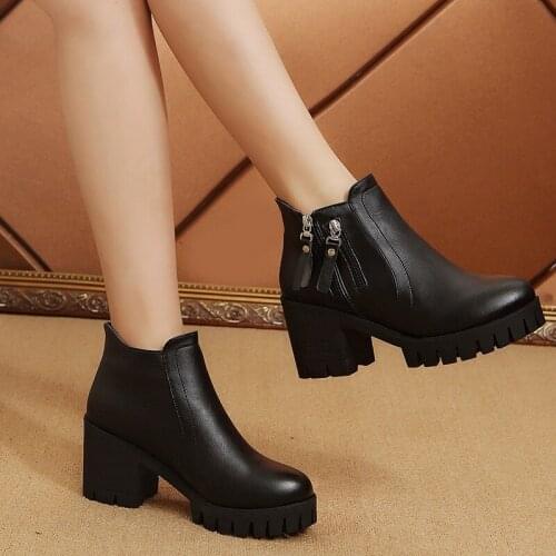 Thick Heel and Cotton Waterproof Round Head Women Warm and Velvet Womens Boots Ankle Boots Side Zipper High Heels Shoes W22-45
