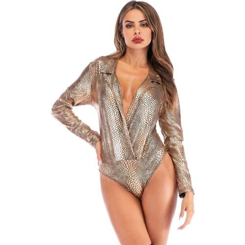 Sexy Deep V Neck Leopard Lady Bodysuits Autumn Long Sleeve Casual Jumpsuit Bodysuit Tops Women Romper Snake Skin Print Bodysuit