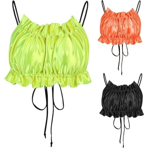 Women Sexy Spaghetti Straps Ruffles Crop Top Satin Shiny Solid Color Ruched Camisole Tied Backless Vest Bustier Bralette