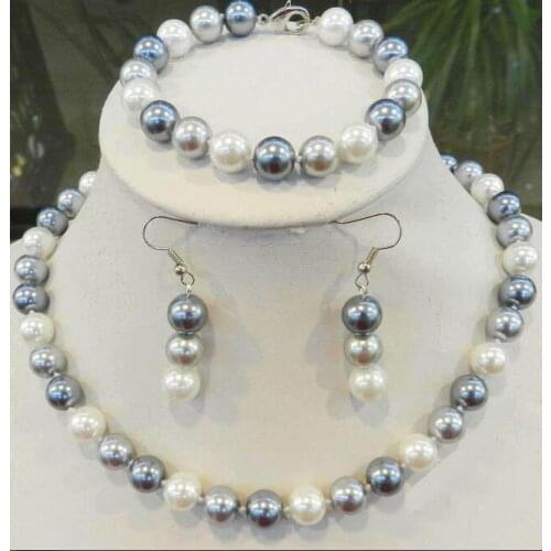 Women Jewelry Set 8-12mm round bead gray colors mixed real natural south sea shell pearl necklace dangle hook earring bracelet