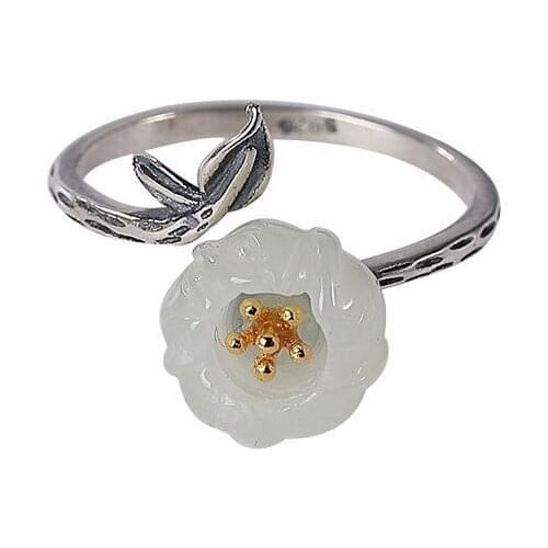 S925 sterling silver Natural Hetian jade Ring Retro Personality Temperament All-matching Plum blossom Ladies Open ring