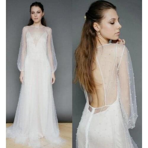 Sexy Backless Two Piece Set Pearl Tulle Long Sleeve Sweep Train Wedding Dress Bride Gown Vestidos De Novia