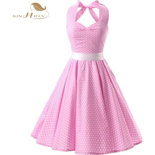 SISHION Elegant Women Polka Dots Dress Halter Sexy Women Pink Dress Rockabilly Pin Up Swing Vintage Dresses Plus Size VD0087