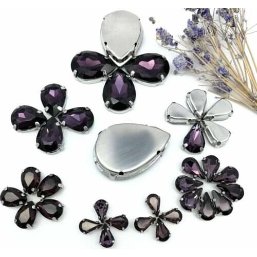 35pcs8Sizes MIX Deep Purple DR shape Crystal Glass Sew-on Rhinestones Silver Bottom DIY Mobile phone shell and Wedding dress