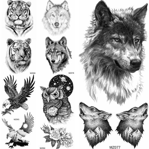 3D Wolf Temporary Tattoo Sticker Realistic Fake Tiger Coyote Elk Owl Tatoo Waterproof Black Fashion Body Art Arm Tatoo For Adult