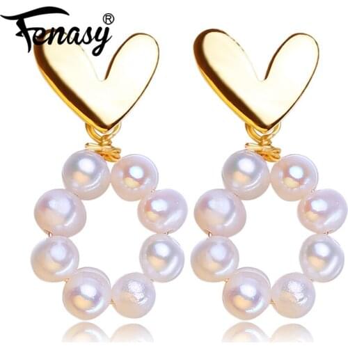 FENASY Natural Freshwater Pearl Gold Color Heart Long Drop Earrings Wedding Engagement Bohemian Party Jewelry