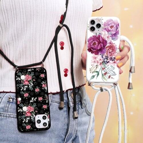 Necklace Lanyard Phone Case For iPhone 12Pro 12 Mini 11 Pro Max XS X XR SE 2020 5S 6 6S 7 8 Plus Soft Flowers Strap Chain Cover