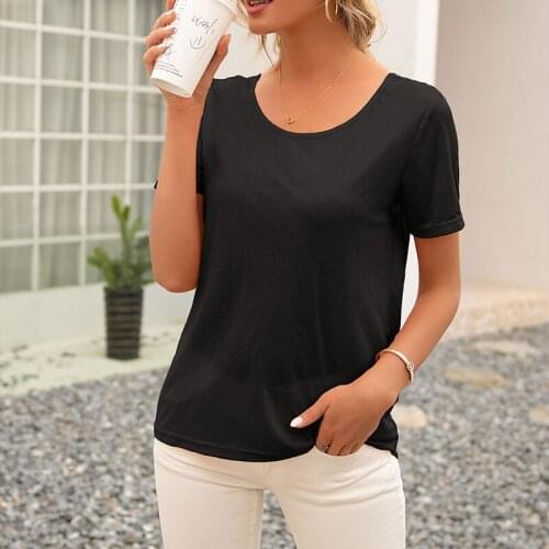 Summer Solid Womens Clothing T-shirt O-neck Short Sleeve Sexy Backless Office Lady Elegant Temperament Streetwear Tees Tops