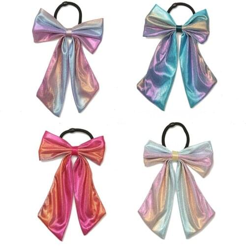 Geebro 2PCS Fashion Laser Bow Satin Girls Elastic Hair Bands Long Ribbon Ponytail Scarf Hair Tie Women Princess Scrunchies Hair