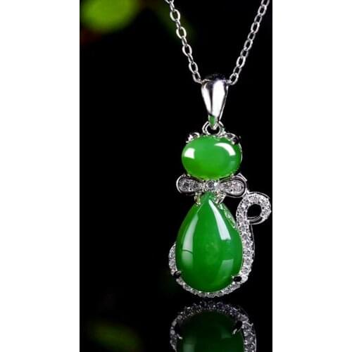 Dainty Female White Crystal Pendant Necklace Charm Sterling Silver Chain Necklaces For Women Cute Emerald Cat Wedding Necklace