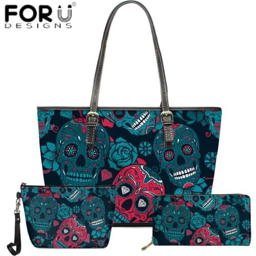 FORUDEISGNS Luxury Woman Bag Set Vintage Sugar Skull Pattern 3 Piece Leather Shoulder Bag Wallet Handbag For Daily Office Shop
