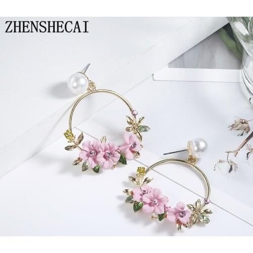 Trendy Cute Pink Flower Earrings For Women Girls Jewelry Female Rhinestone Gold Metal Round Circle Stud Earrings Gifts Brincos