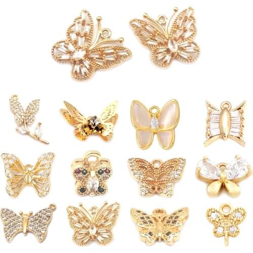 40140)6PCS 24K Champagne Gold Color Brass and Zircon Butterfly Charms Pendants Jewelry Making Supplies Diy Findings Accessories