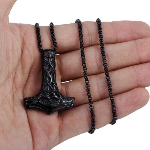 Rock N' Roll Norse Knot Viking Thors Hammer Mens Boys Black Stainless Steel Pendant Necklace Jewelry