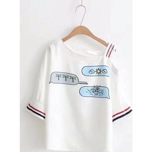 Japanese Mori girl 2018 New College Wind Dew shoulder trumpet Sleeve Print Chiffon Short Sleeve T-Shirt schoolgirl Tshirts