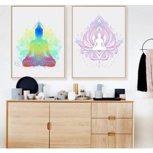 Sitting Buddha with Lotus Flower Wall Art Print and Poster Buddha Face with Mandala Wall Pictures Canvas Painting Home Decor