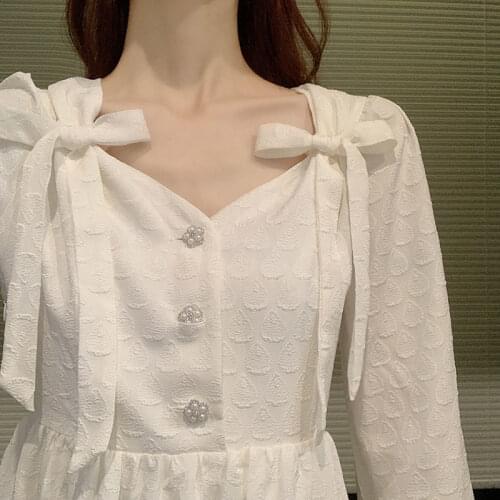 Fairy Dress Spring French Gentle Wind Bow Tie Tie Flower Buckle Bubble Sleeve Loose Medium Length Dress Beige V015