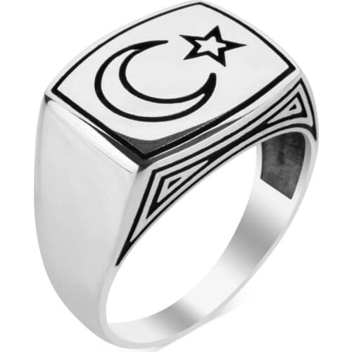 925 Sterling Silver Plain Mens Ring with Crescent Star Ring for Men With Moon and Star Rectangle Silver Ring