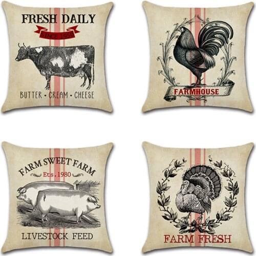 Vintage Farm Animals Cow Chicken Pig Rooster Linen Throw Pillow Case Sweet Farmhouse Sofa Room kitchen Decorative Cushion Cover