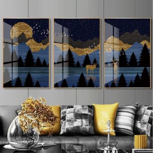 Sunset Mountain Deer Abstract Landscape Blue Poster Prints Nordic Canvas Painting Wall Art Picture for Living Room Home Decor