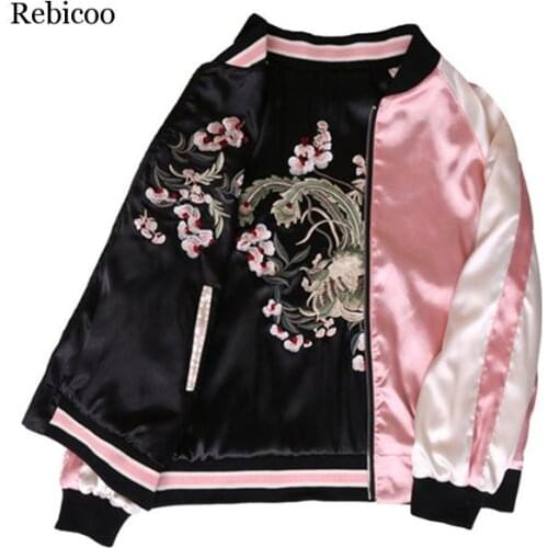 Floral Embroidery women jacket Autumn winter Harajuku Pilot Jacket On Both Sides Casual Baseball Jackets Coats Sukajan