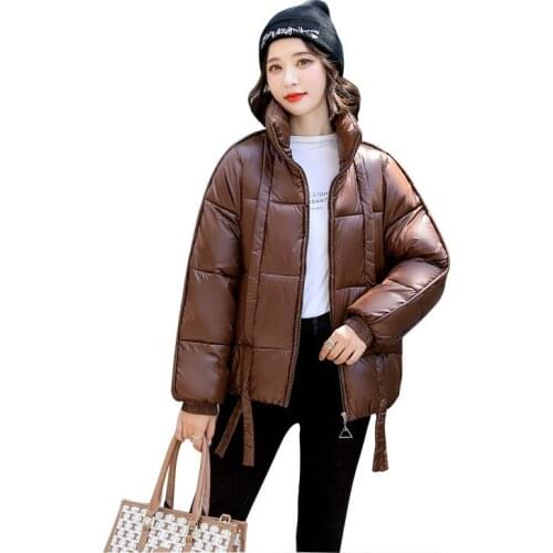 Women Winter Stand Collar Windproof Big Pocket Short PU Bubble Coat Puffer Jacket Cotton Padded Parkas Outwear Overcoat