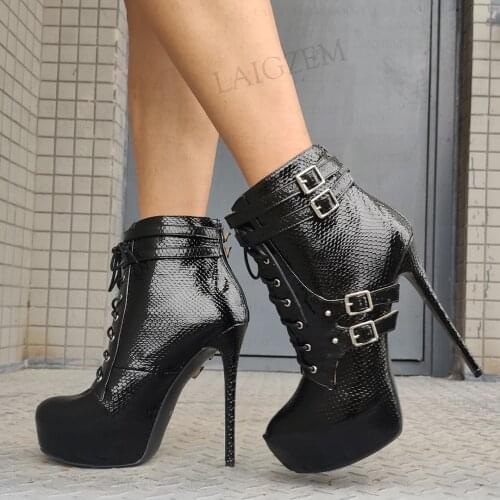 LAIGZEM Women Ankle Boots Platform Round Toe Back Zip High Heels Booties Black Party Ladies Shoes Woman Big Size 41 44 47 52